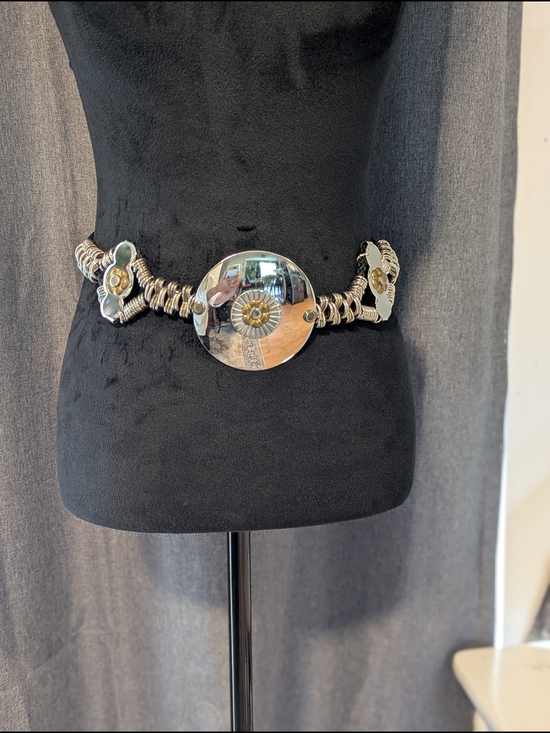 no brand Accessories - Metallic Silver Statement Waist Belt with Floral Accents. Vintage. 80's. Boho.
